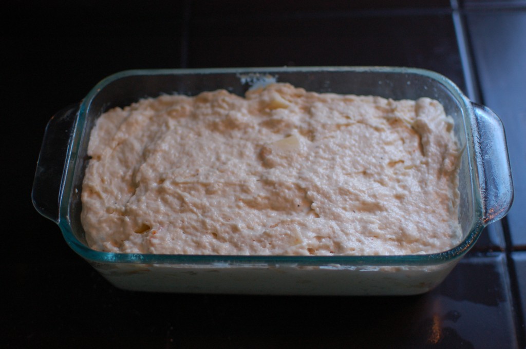 Cheese bread batter in the loaf pan