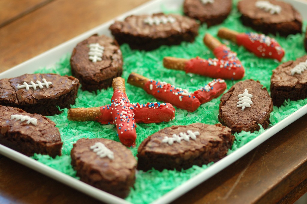 Super Bowl brownies and pretzel sticks